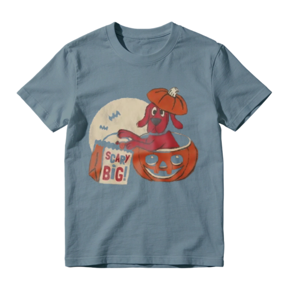 Cute Red Dog In Pumpkin Bucket With Scary Big Bag And Full Moon Halloween Graphic T-shirt