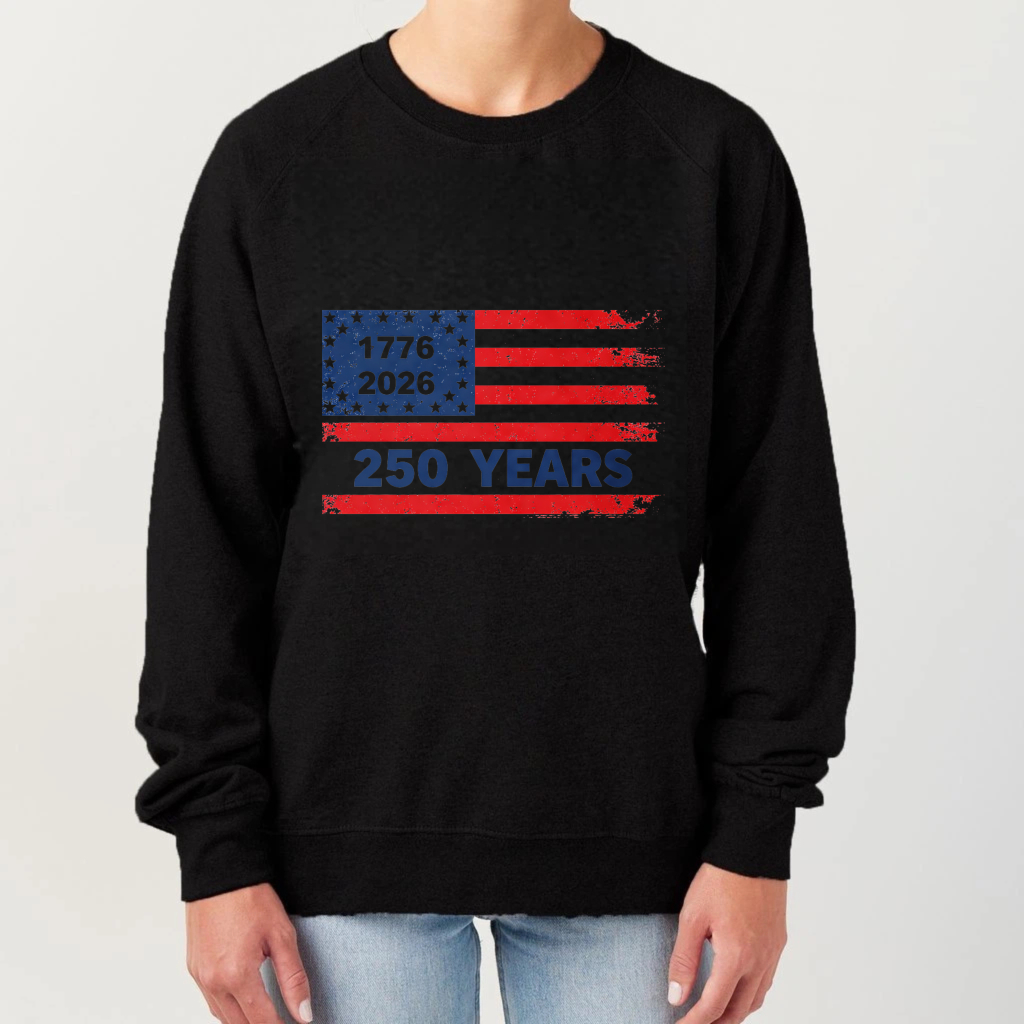 American Flag 250 Years Independence Day Usa Patriotic Sweatshirt Black Crewneck Long Sleeve Unisex Pullover Top