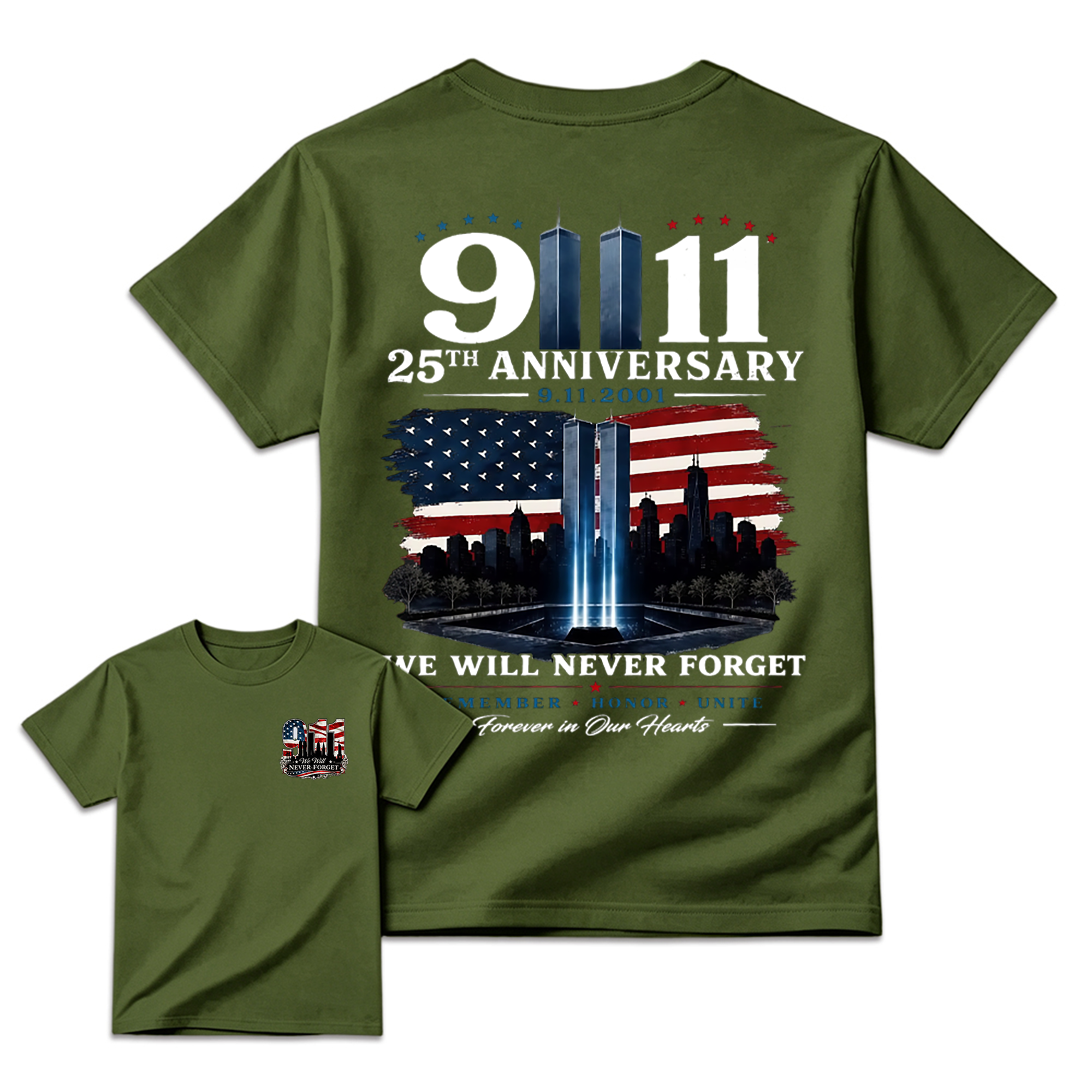 9.11 25th Anniversary Memorial T Shirt, Patriotic Twin Towers And American Flag Two Sided Graphic, September 11 Remembrance Gift For Firefighter Families And Patriots