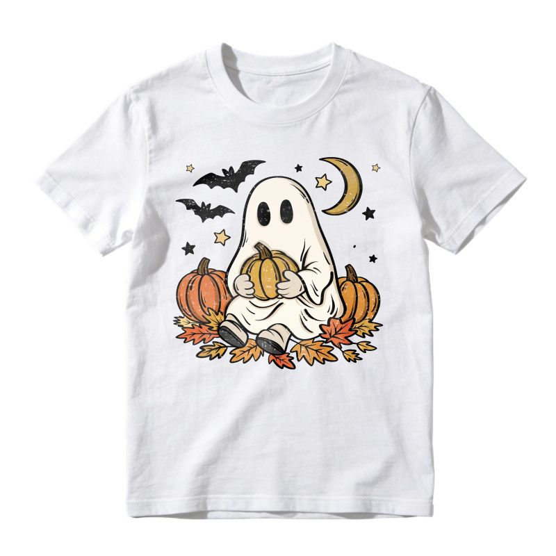 Cute Ghost Holding Pumpkin With Bats Moon And Autumn Leaves, Unisex Classic T-shirt