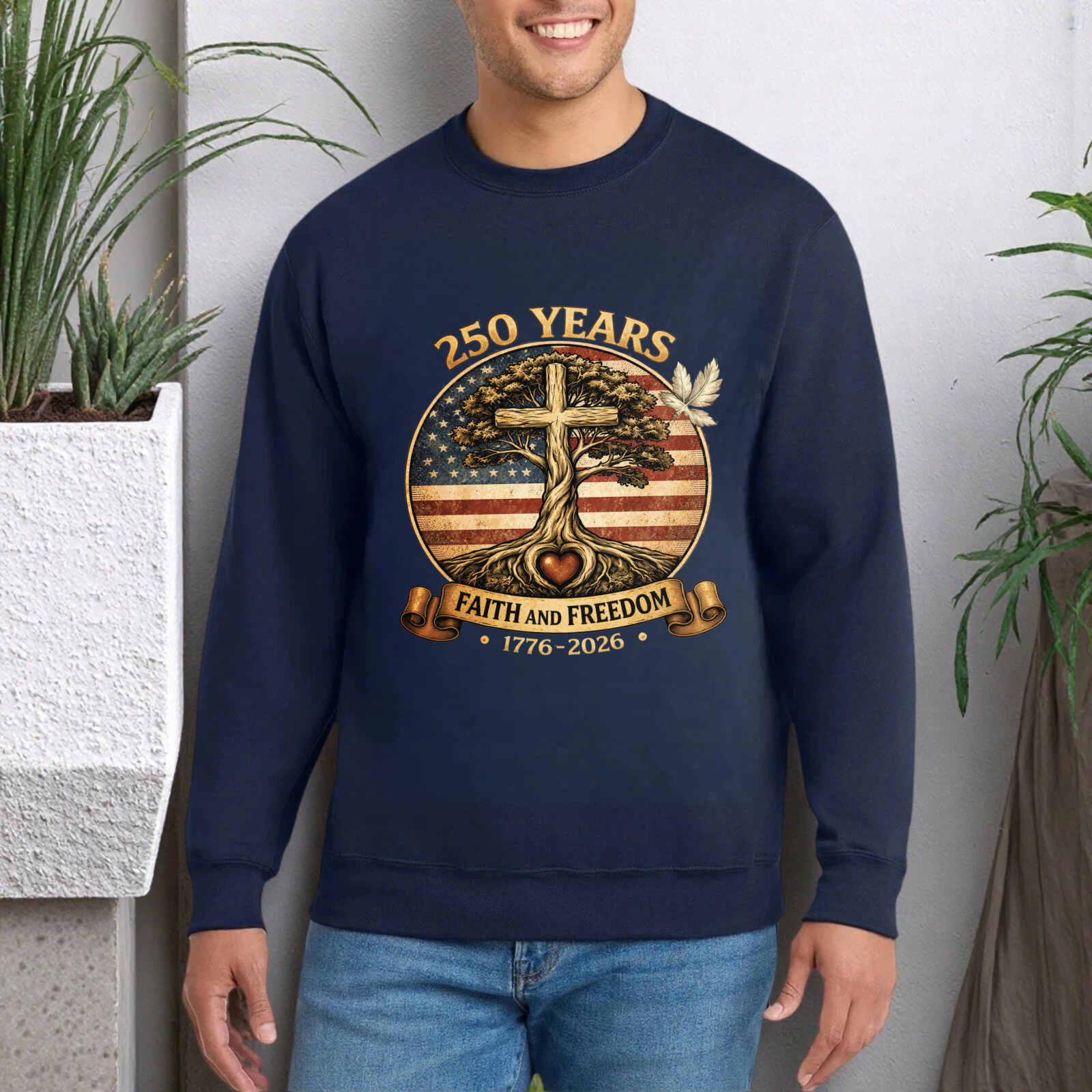 250 Years Faith And Freedom 1776 2026 American Flag Cross Tree Sweatshirt