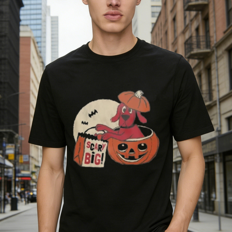 Cute Red Dog In Pumpkin Bucket With Scary Big Bag And Full Moon Halloween Graphic T-shirt