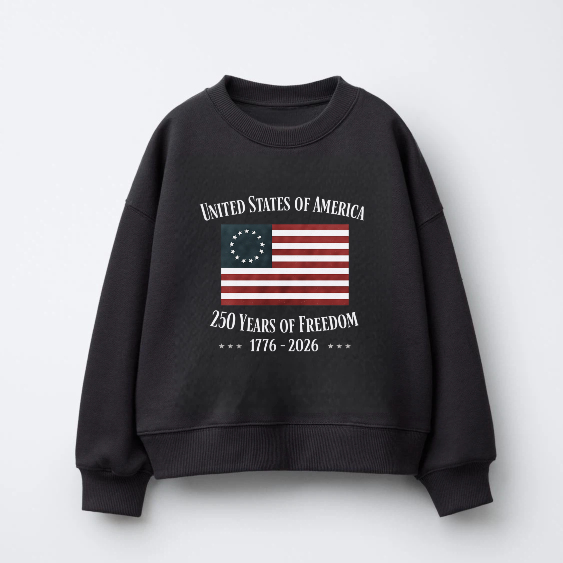 United States Of America 250 Years Of Freedom 1776 2026 Flag Sweatshirt Black Crewneck Pullover Long Sleeve Unisex Adult Apparel