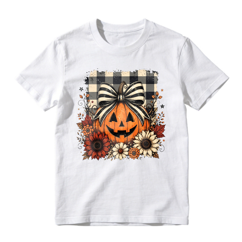 Pumpkin With Black And White Bow And Autumn Flowers, Unisex Classic T-shirt
