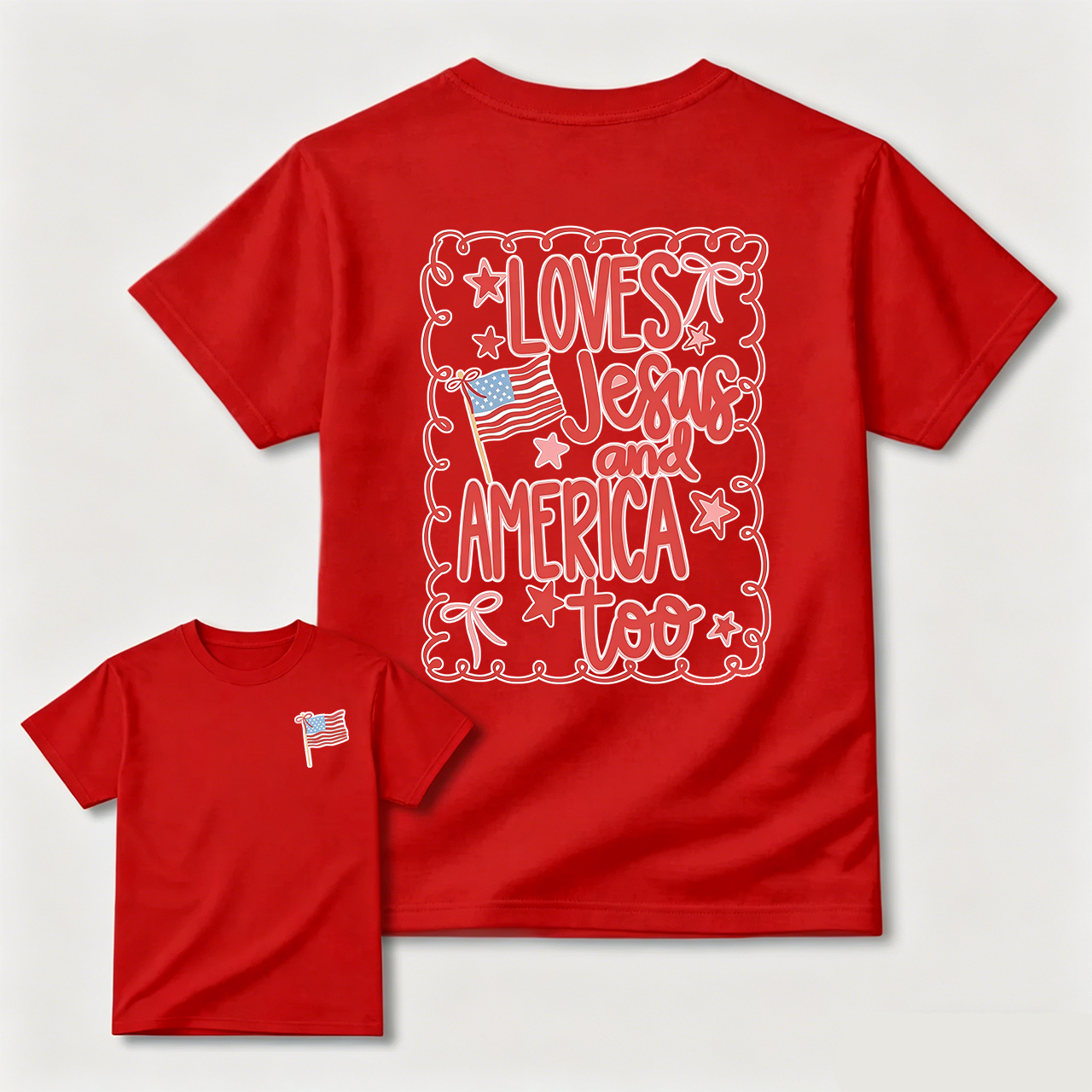 Coquette 4th of July T-shirt, Comfort Colors, Loves Jesus and America Shirt, Preppy Summer Top for Her, USA Patriotic Tee