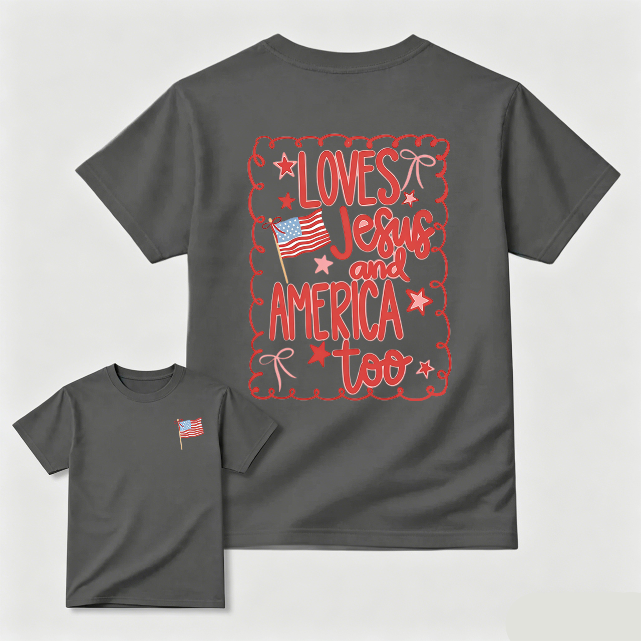 Coquette 4th of July T-shirt, Comfort Colors, Loves Jesus and America Shirt, Preppy Summer Top for Her, USA Patriotic Tee