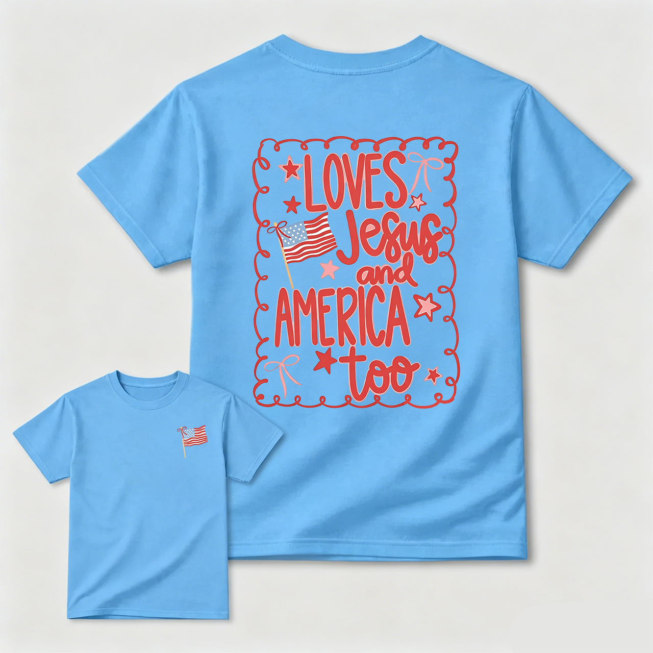 Coquette 4th of July T-shirt, Comfort Colors, Loves Jesus and America Shirt, Preppy Summer Top for Her, USA Patriotic Tee