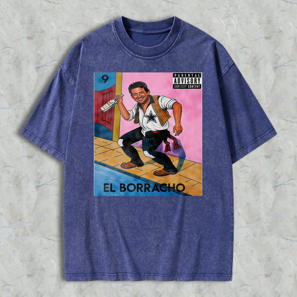 El Borracho Mexican Loteria Card Washed T-shirt