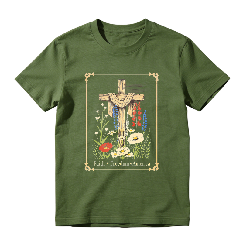 Cross With Flowers And Text Faith Freedom America T-shirt