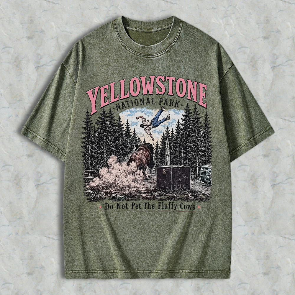 Do Not Pet The Fluffy Cows Funny Vintage Washed T-Shirt | Yellowstone National Park Graphic Tee