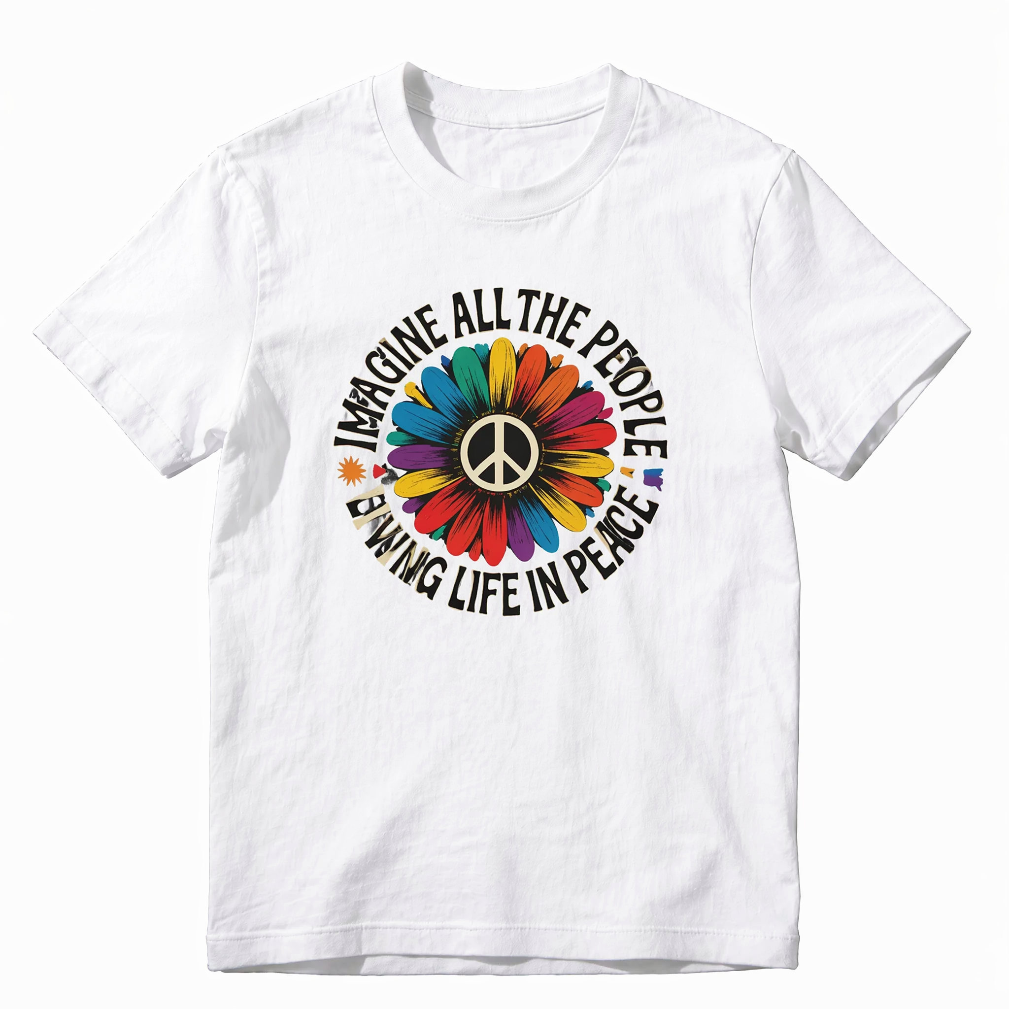 Imagine Peace T-Shirt | "Imagine All the People Living Life in Peace" | Floral Daisy Peace Sign Tee | Hippie Boho Graphic Shirt