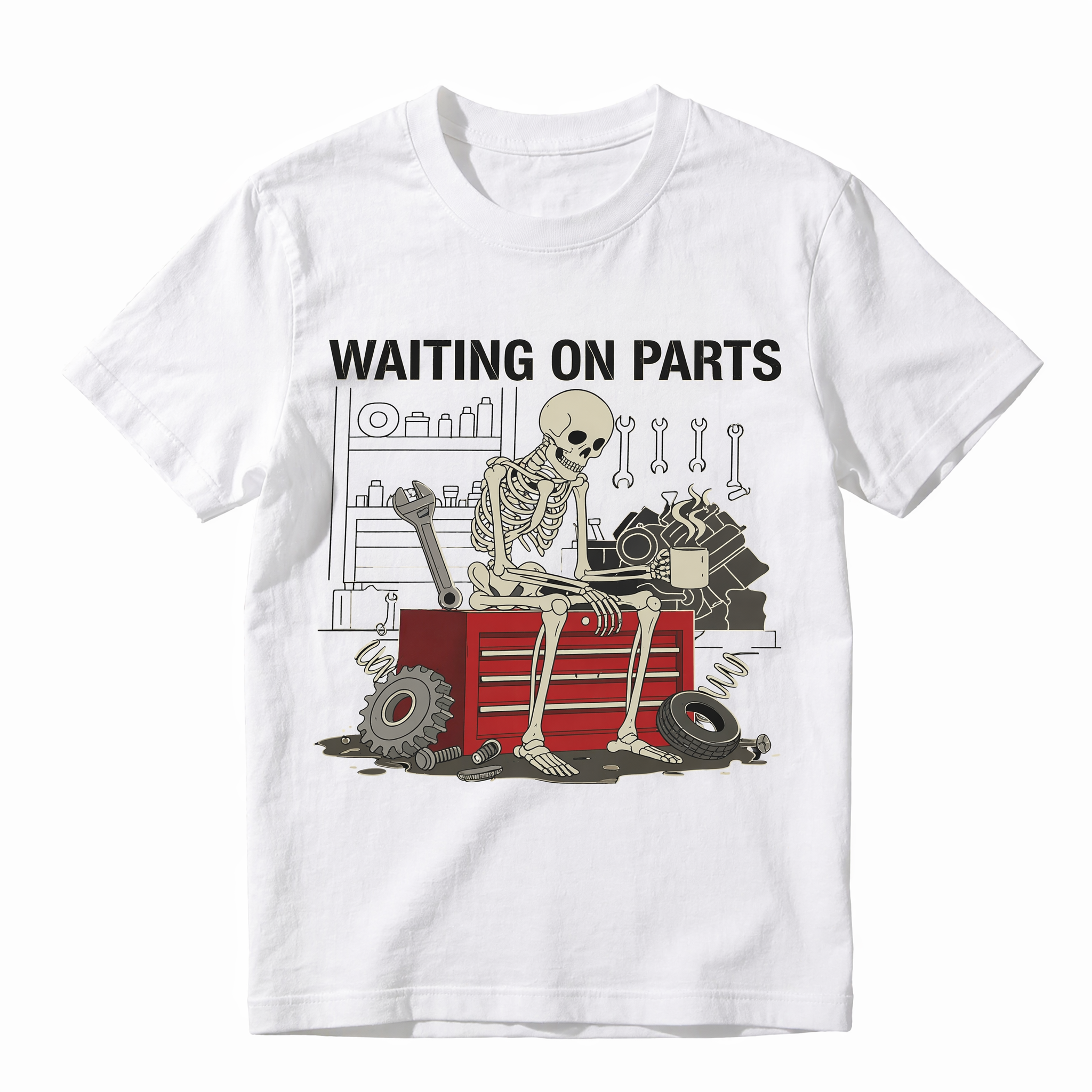 Waiting On Parts Funny Skeleton Auto Mechanic Graphic T-Shirt | Vintage Garage Unisex Tee