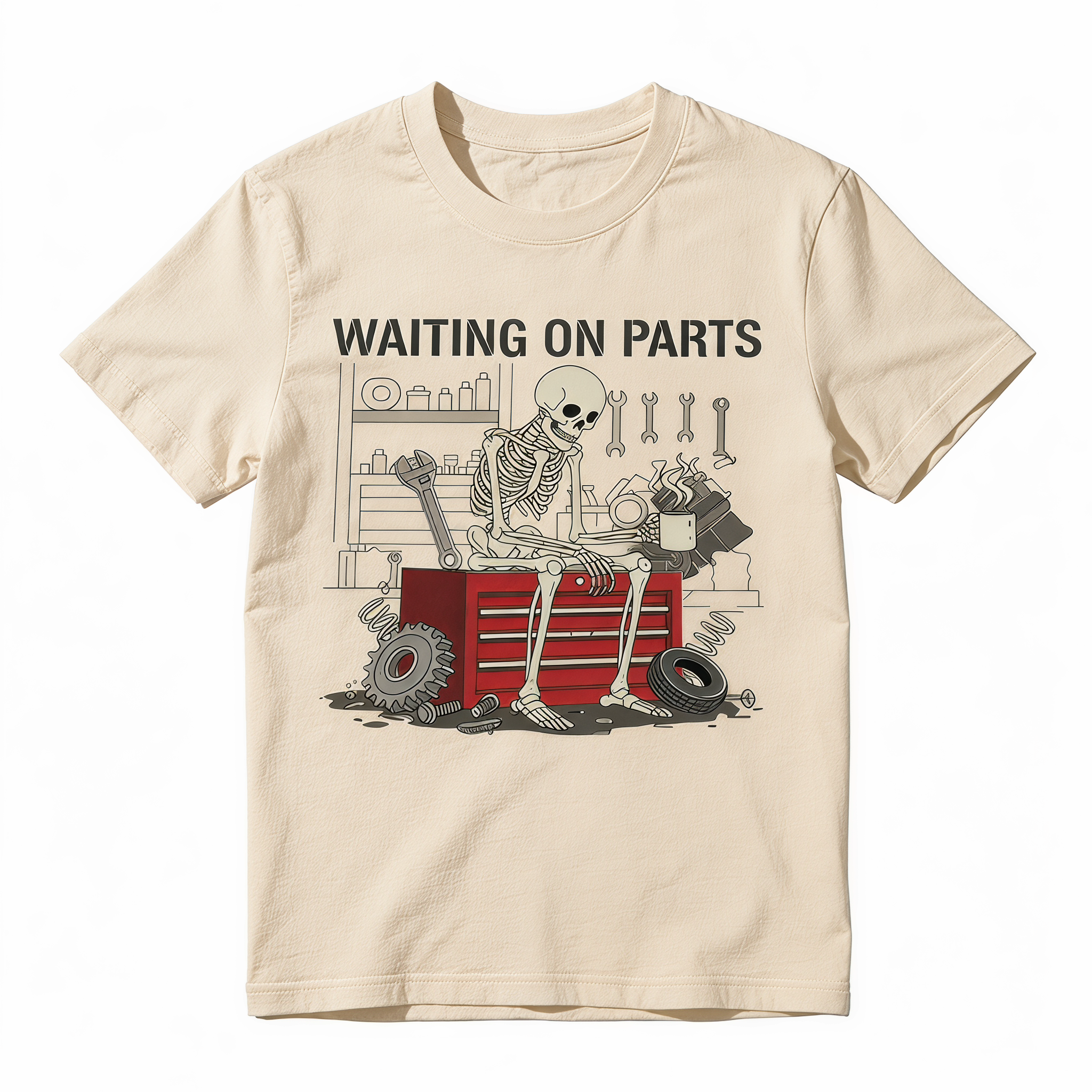 Waiting On Parts Funny Skeleton Auto Mechanic Graphic T-Shirt | Vintage Garage Unisex Tee