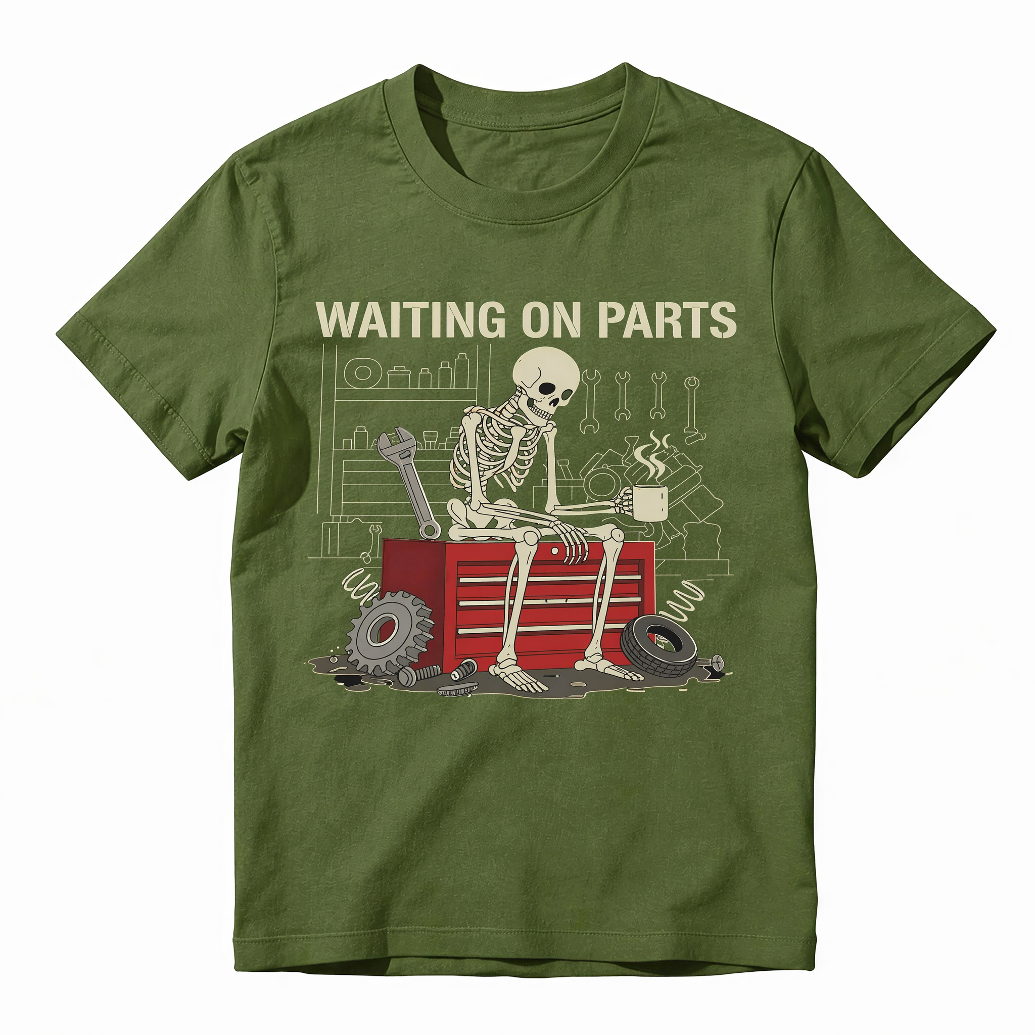 Waiting On Parts Funny Skeleton Auto Mechanic Graphic T-Shirt | Vintage Garage Unisex Tee