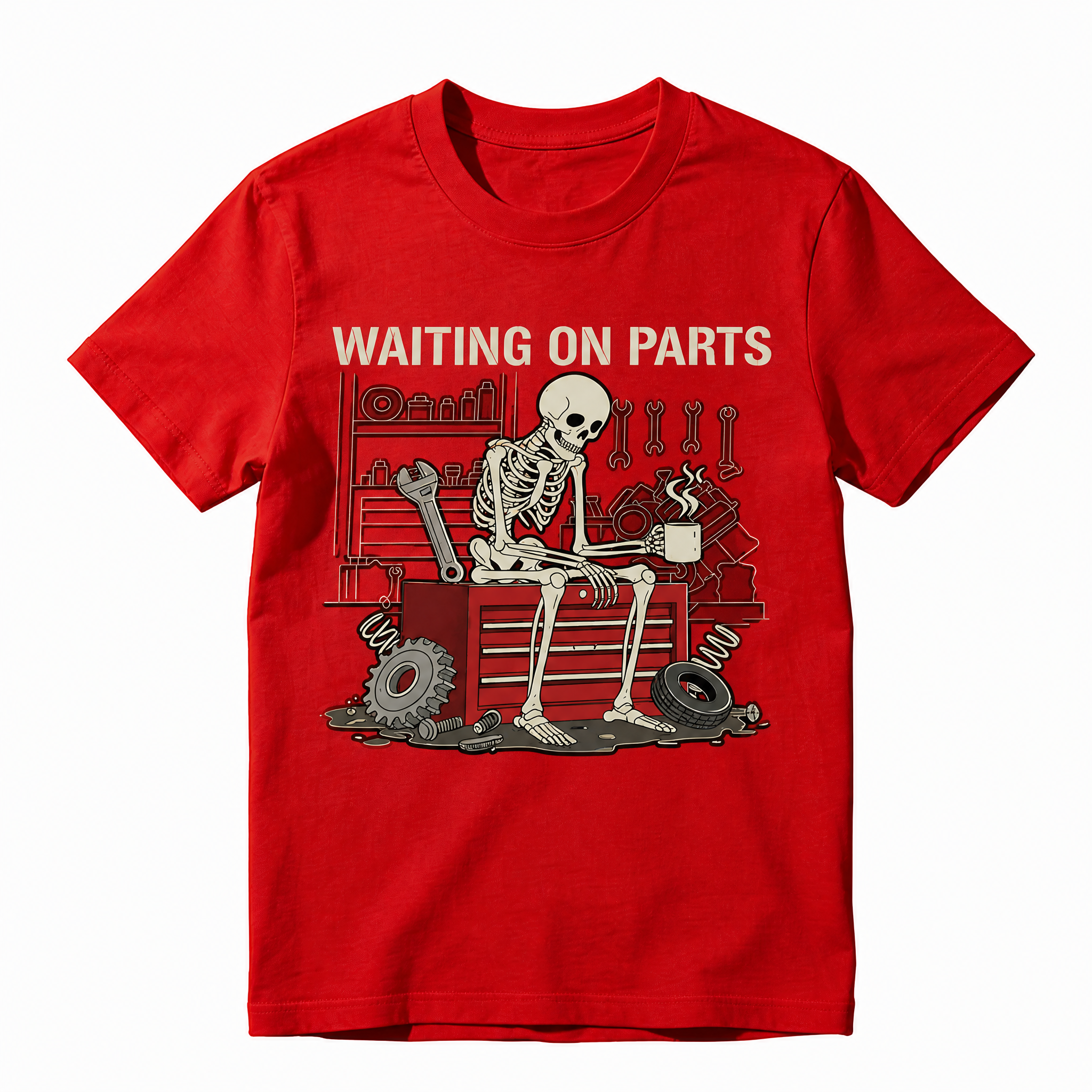 Waiting On Parts Funny Skeleton Auto Mechanic Graphic T-Shirt | Vintage Garage Unisex Tee