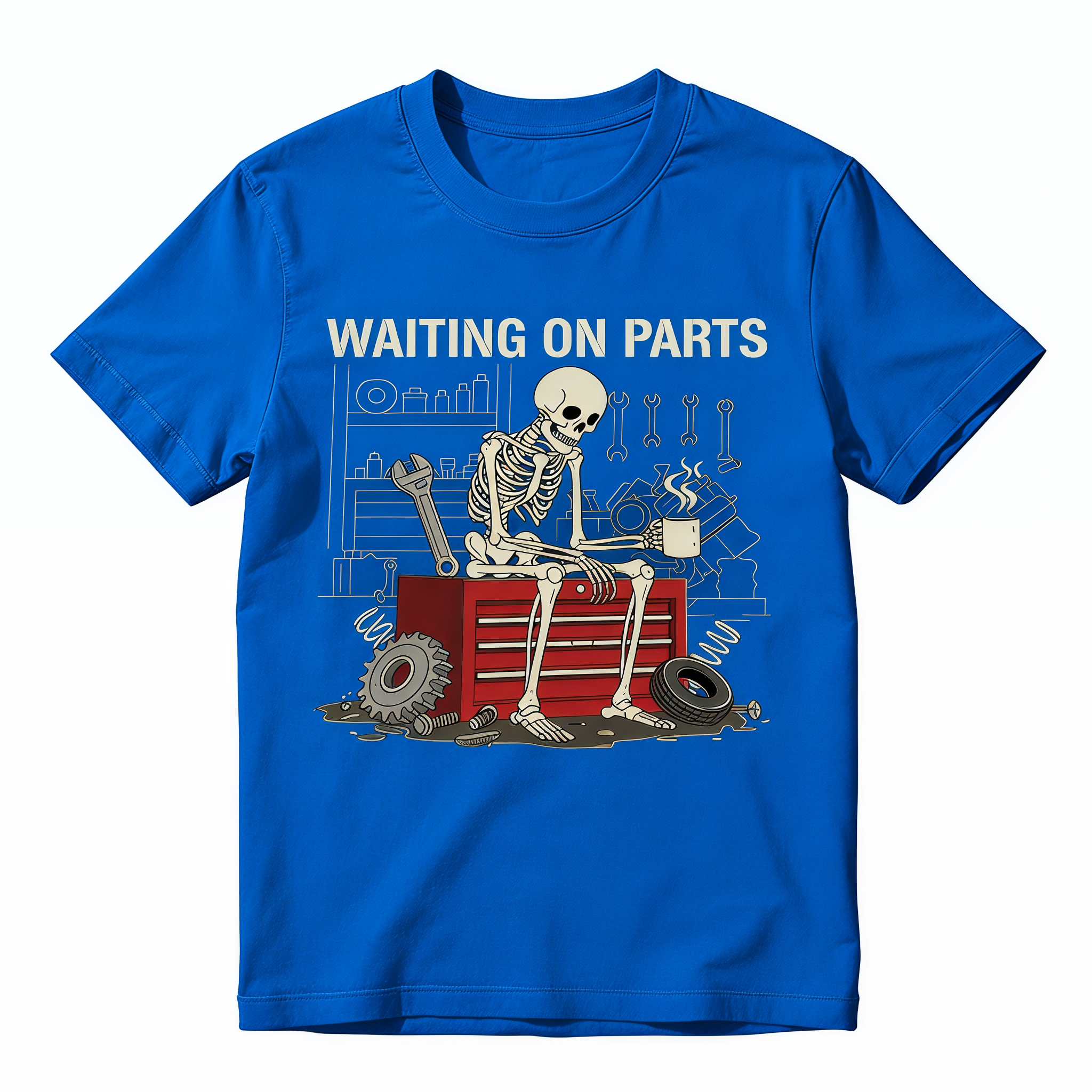 Waiting On Parts Funny Skeleton Auto Mechanic Graphic T-Shirt | Vintage Garage Unisex Tee