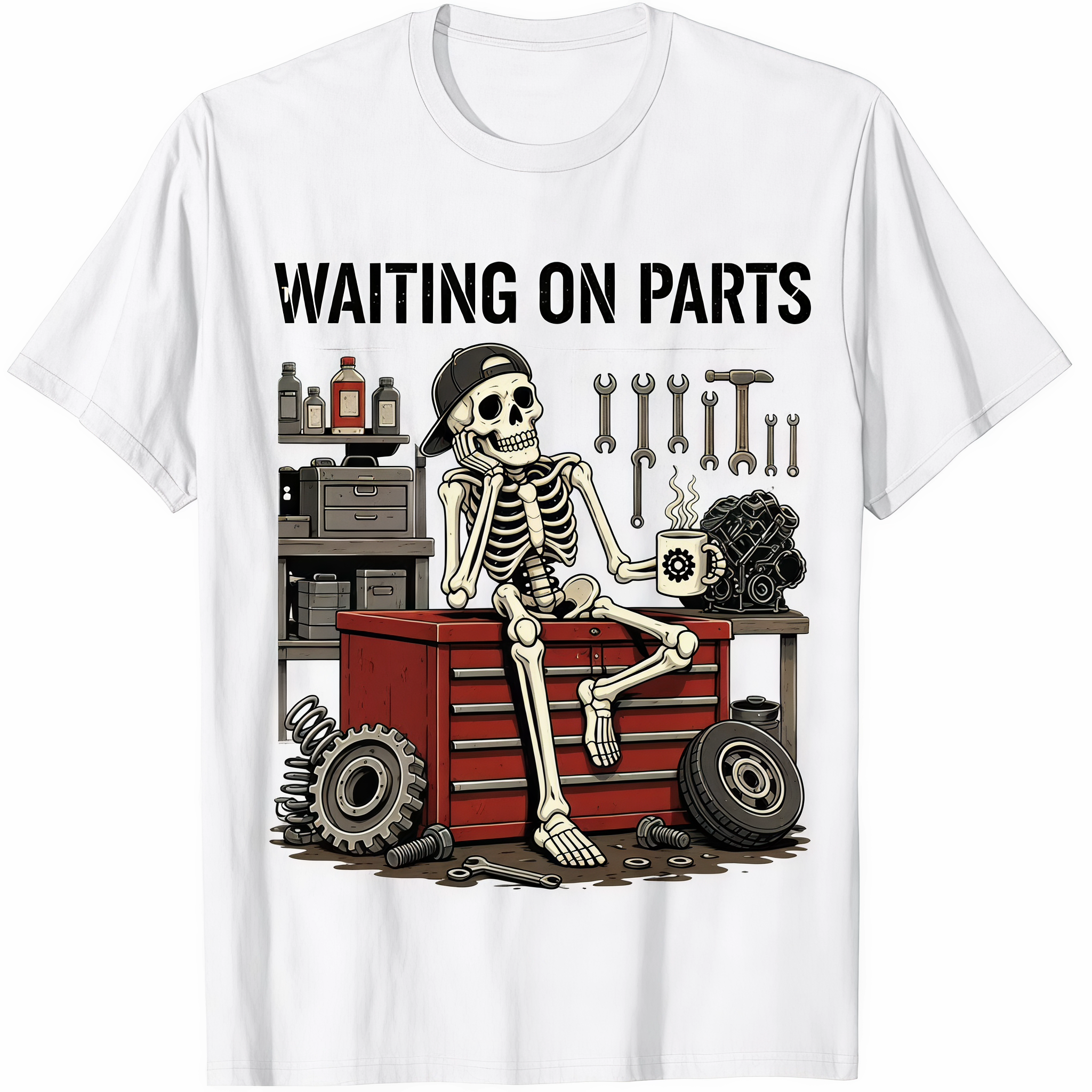 Waiting On Parts Funny Skeleton Auto Mechanic Technician T-Shirt For Men Women Couple | Trendy Tops Short Sleeve, Street Style, Comfort Tee 