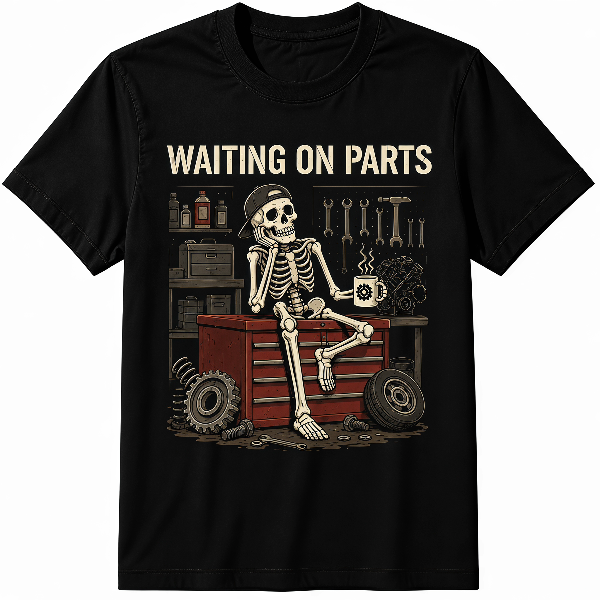 Waiting On Parts Funny Skeleton Auto Mechanic Technician T-Shirt For Men Women Couple | Trendy Tops Short Sleeve, Street Style, Comfort Tee 