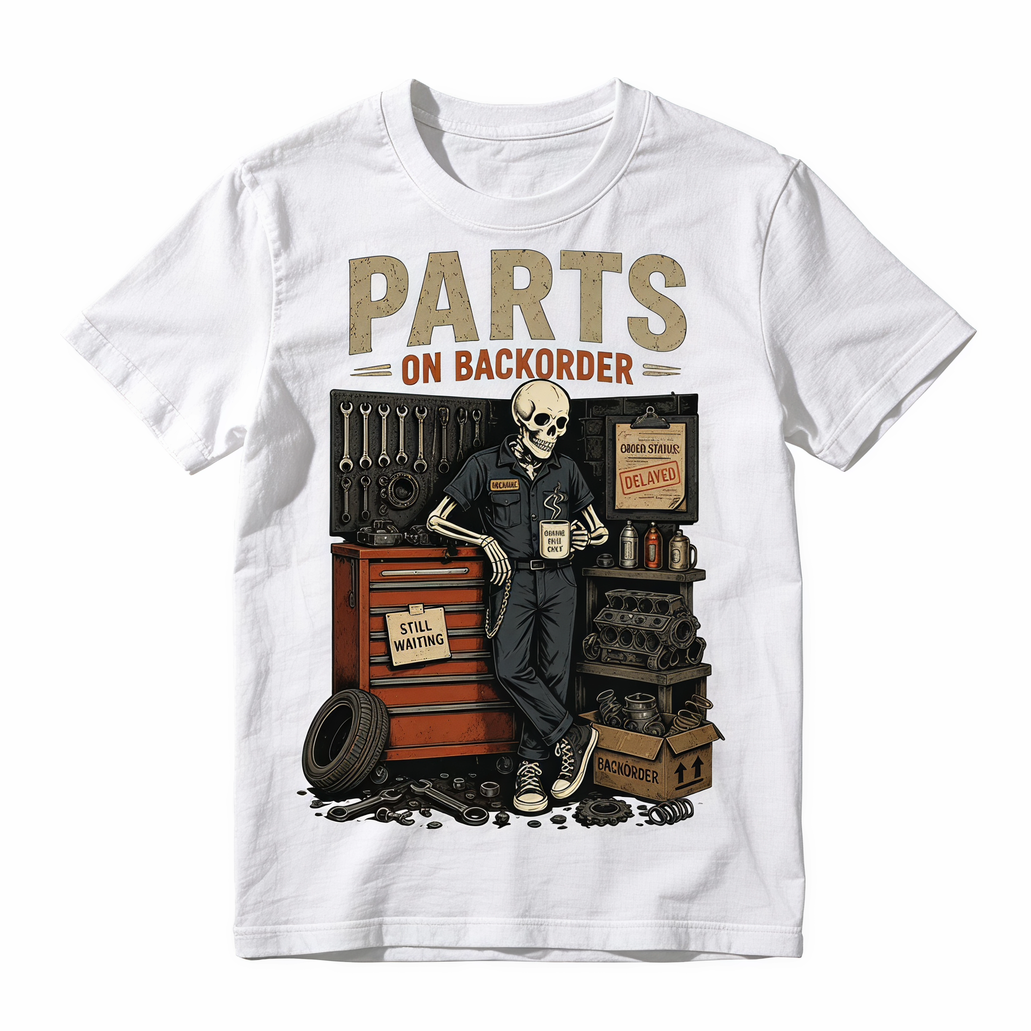 Waiting On Parts Funny Skeleton Auto Mechanic Technician T-Shirt For Men Women Couple 
