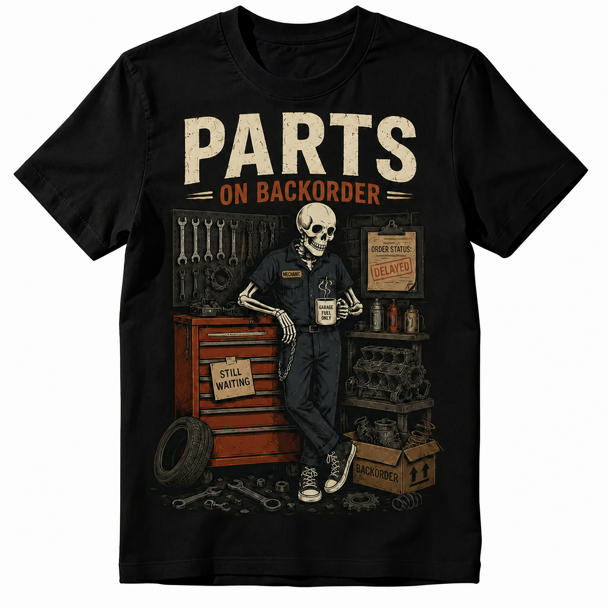 Waiting On Parts Funny Skeleton Auto Mechanic Technician T-Shirt For Men Women Couple 