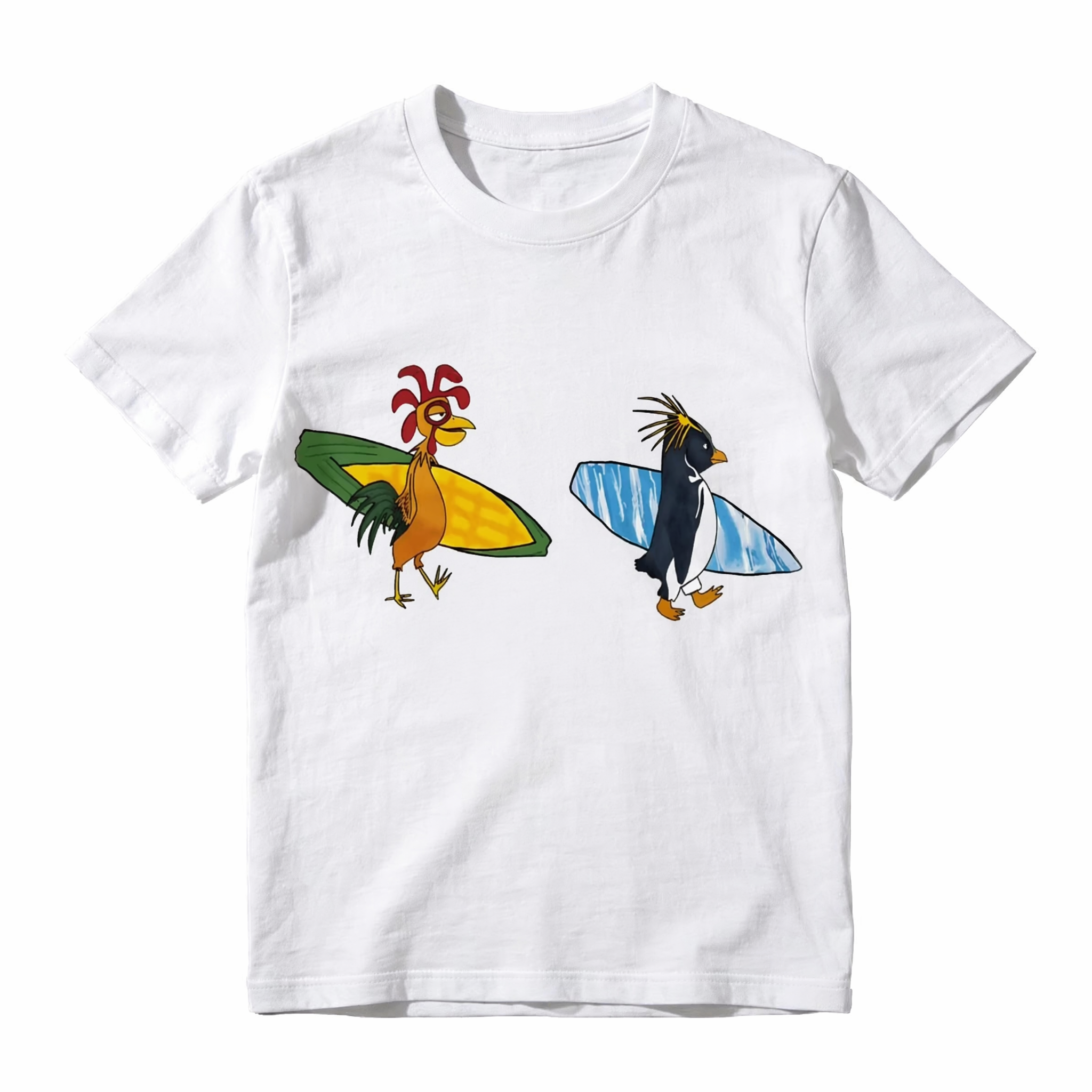 Cute Surfing Animals T-Shirt | Funny Chicken Penguin Beach Graphic Tee | Summer Ocean Lover Unisex Shirt