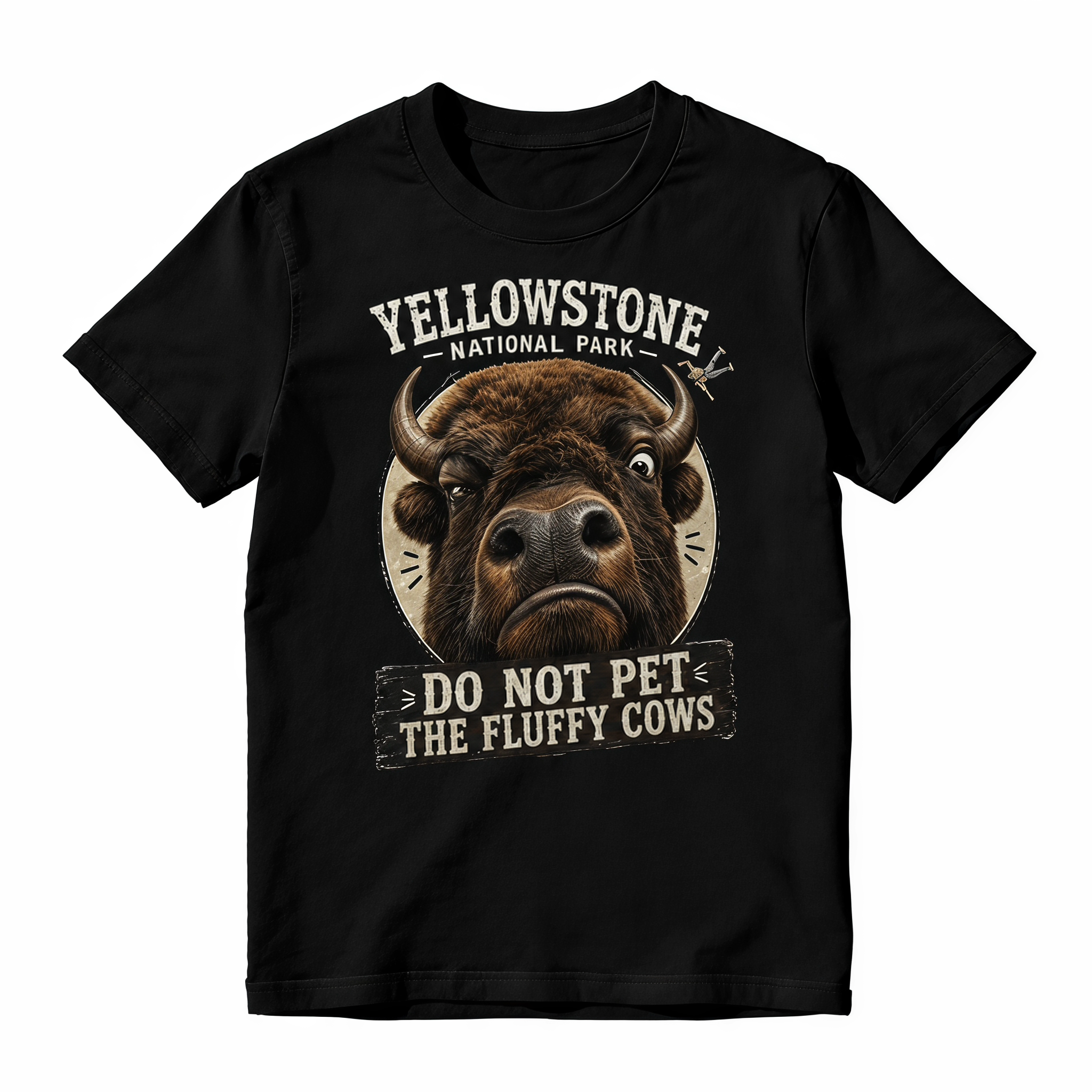 Retro Yellowstone National Park Souvenir Shirt - Funny Fluffy Cow Warning Meme Tee