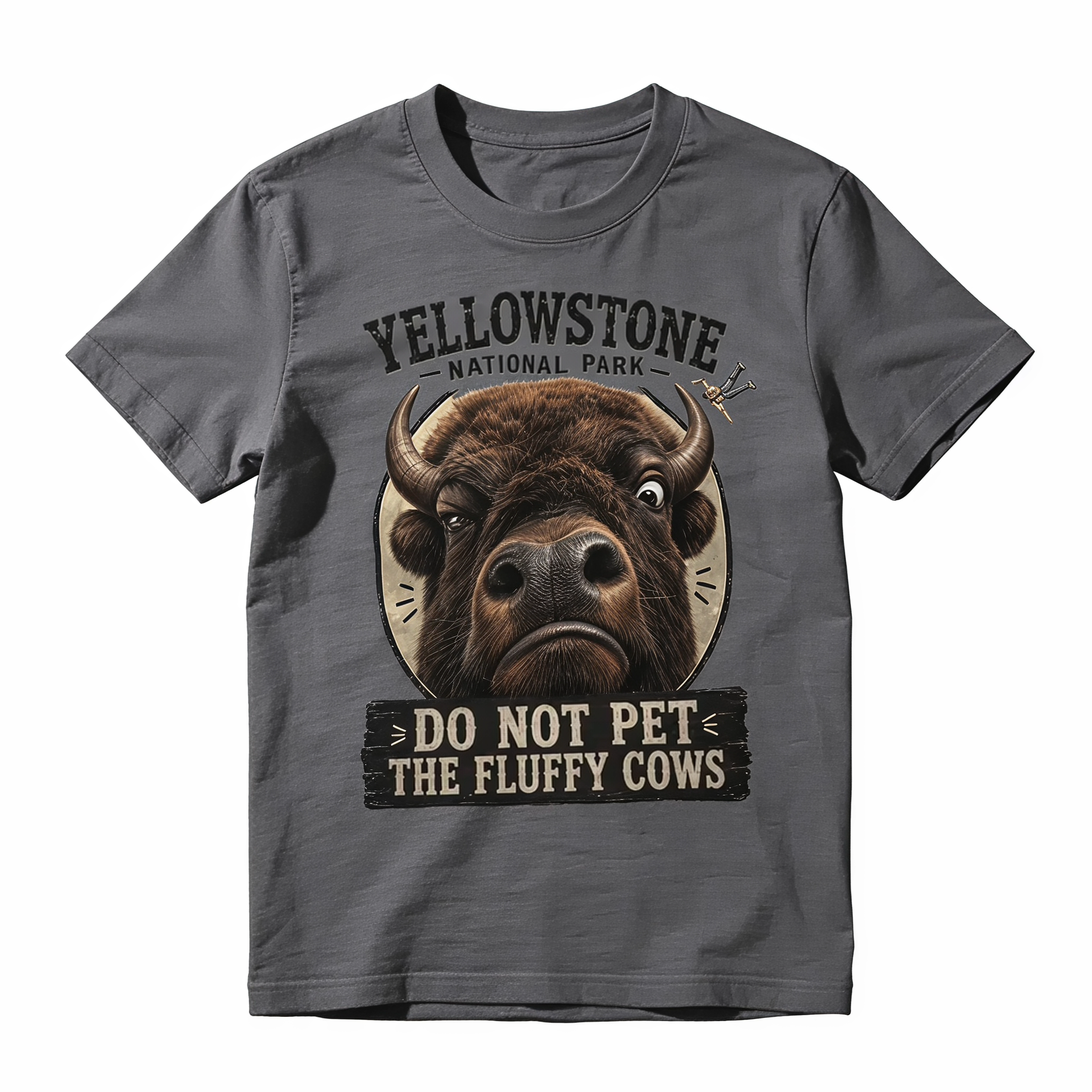Retro Yellowstone National Park Souvenir Shirt - Funny Fluffy Cow Warning Meme Tee
