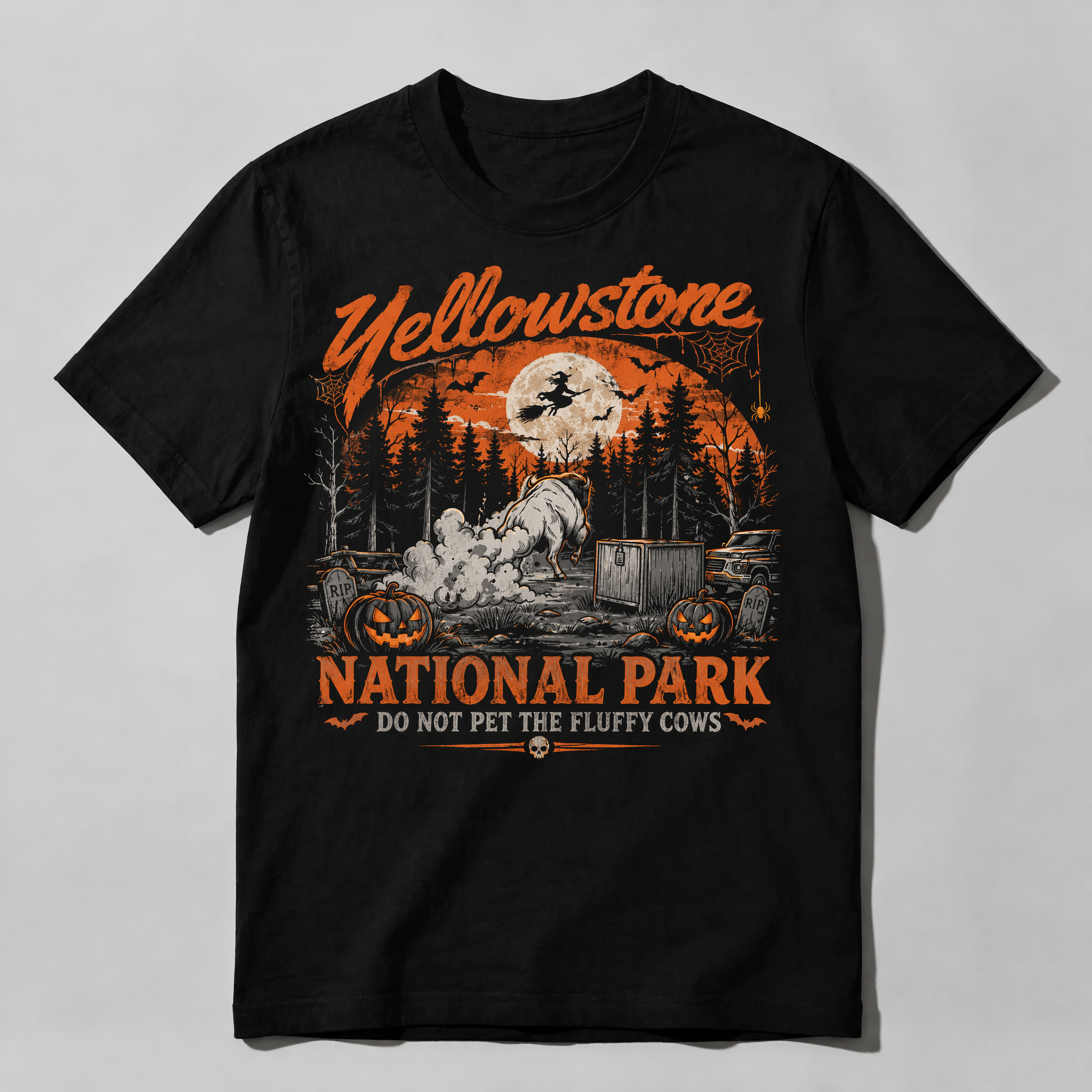 Vintage Yellowstone National Park Witch & Bison Attack T-Shirt - Halloween Costume Meme Tee