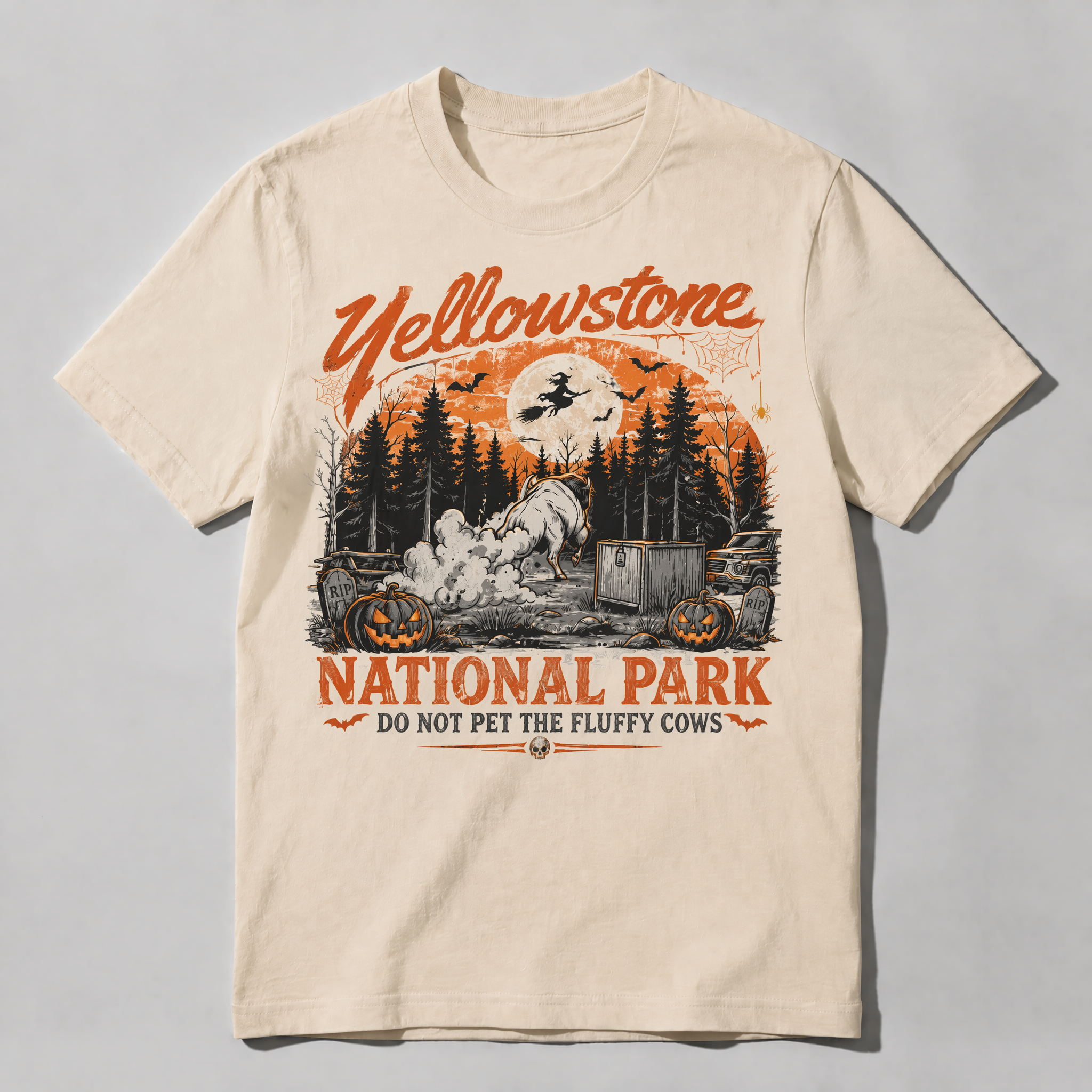 Vintage Yellowstone National Park Witch & Bison Attack T-Shirt - Halloween Costume Meme Tee