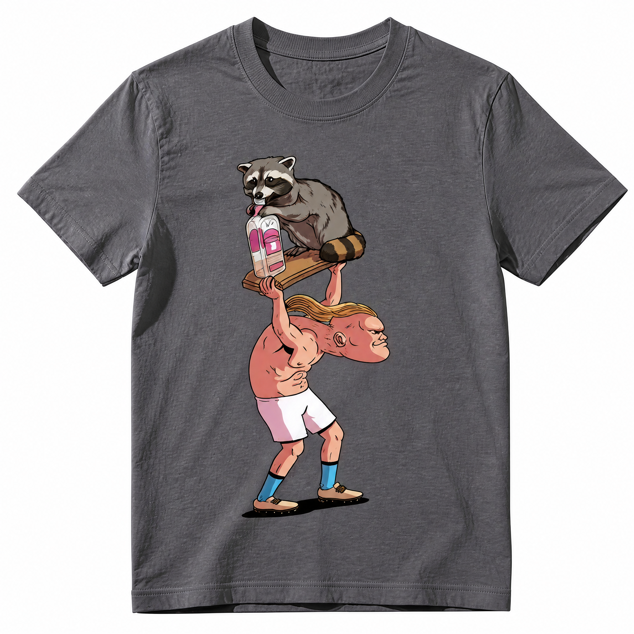 Vintage Washed Funny Raccoon Strongman Graphic T-Shirt | Premium Heavyweight Cotton Tee