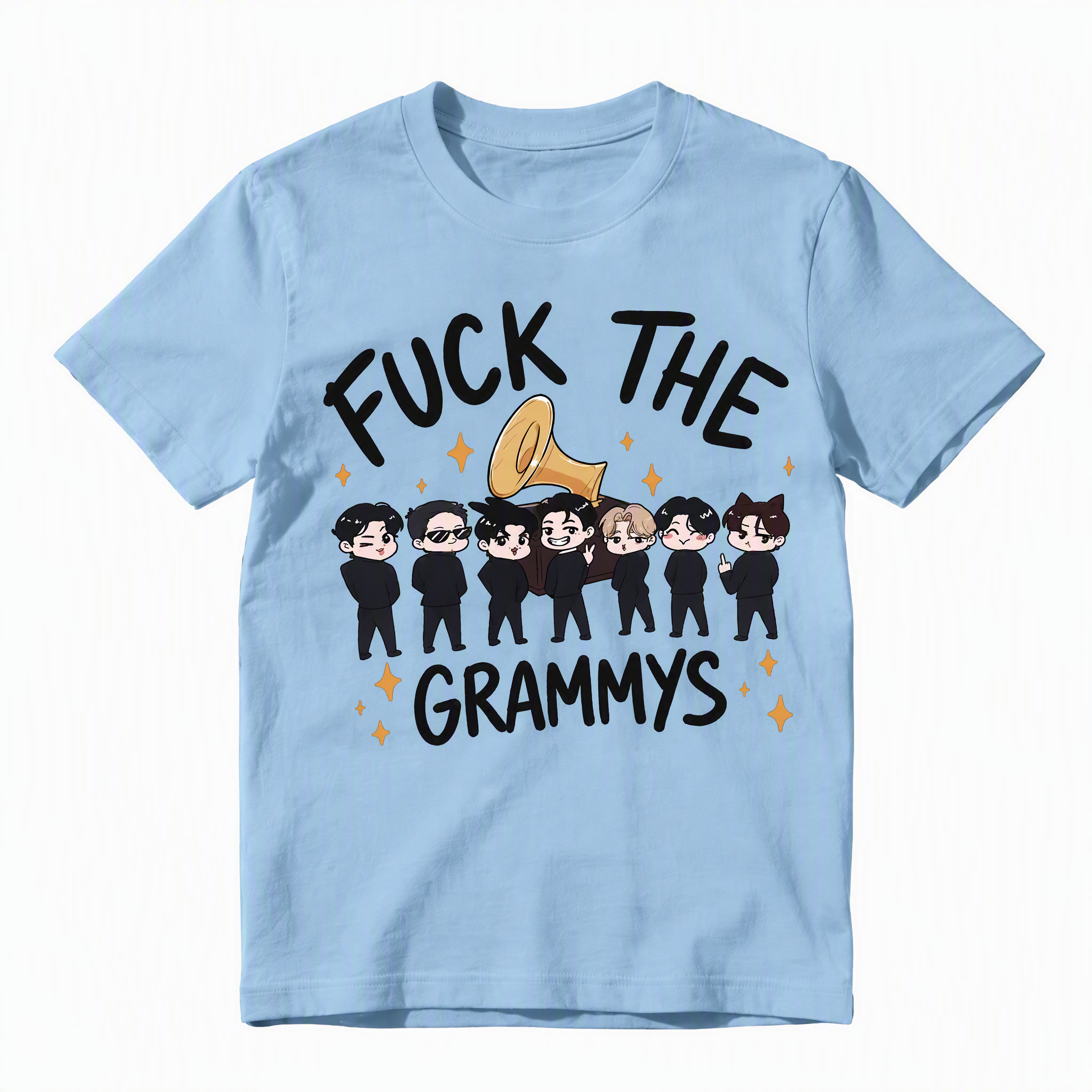 Funny K-Pop Protest Graphic Tee - Sarcastic "F*ck The Grammys" Cartoon Group T-Shirt