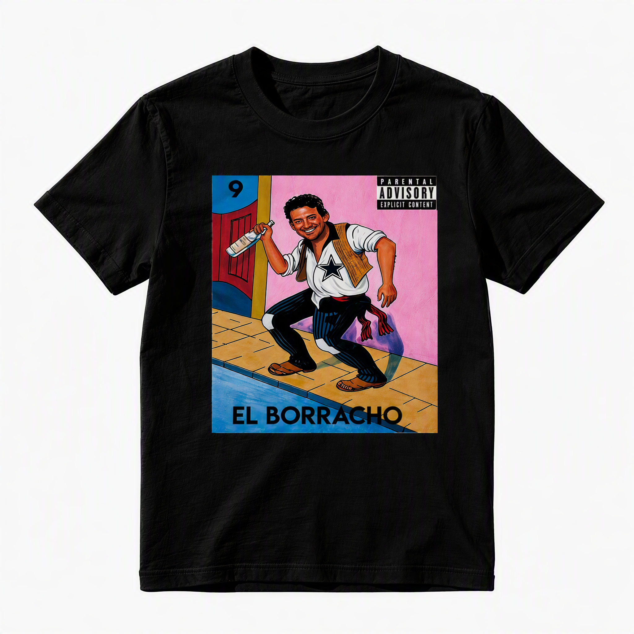 El Borracho Mexican Loteria Card T-Shirt - Funny Drinking Parental Advisory Graphic Tee for Men