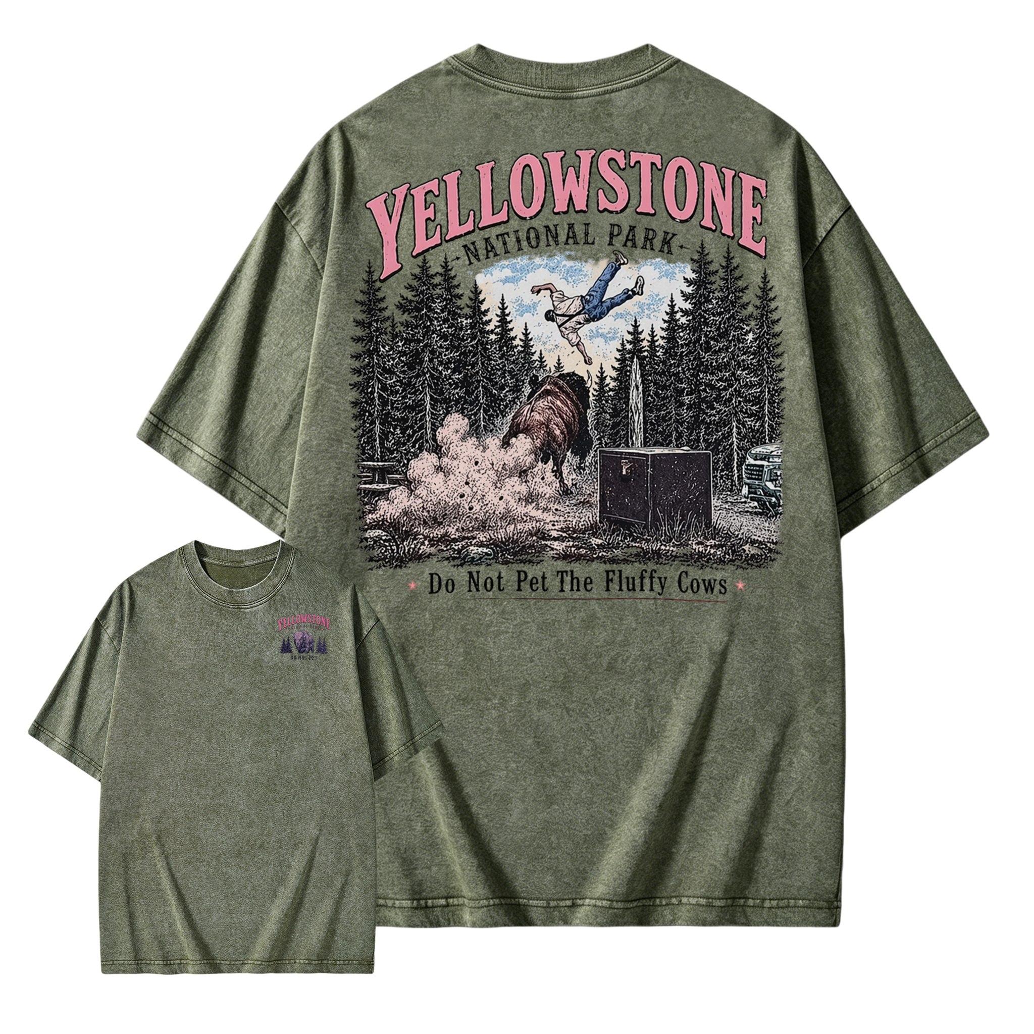 Yellowstone National Park Funny Vintage Washed T-Shirt | Do Not Pet The Fluffy Cows Graphic Tee