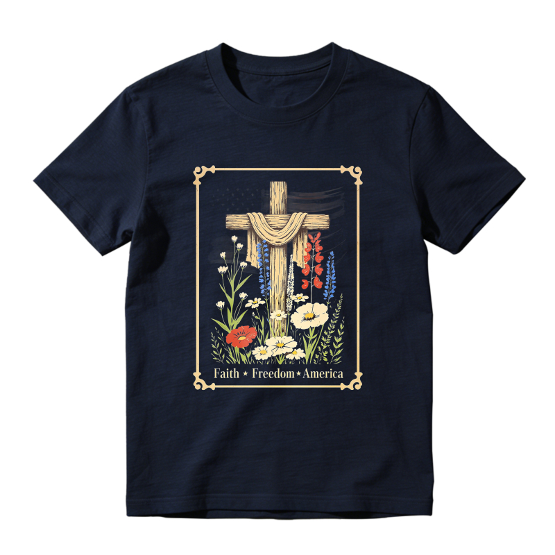 Cross With Flowers And Text Faith Freedom America T-shirt