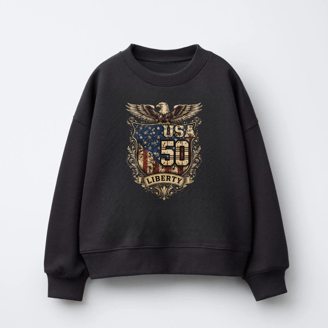 Usa 50 Liberty Eagle American Flag Sweatshirt Crewneck Pullover Long Sleeve Black