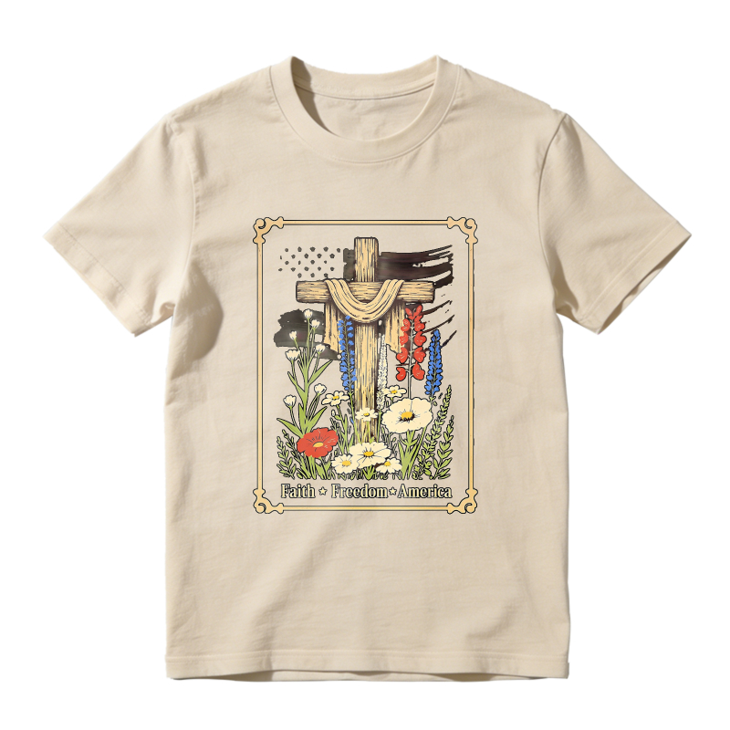 Cross With Flowers And Text Faith Freedom America T-shirt