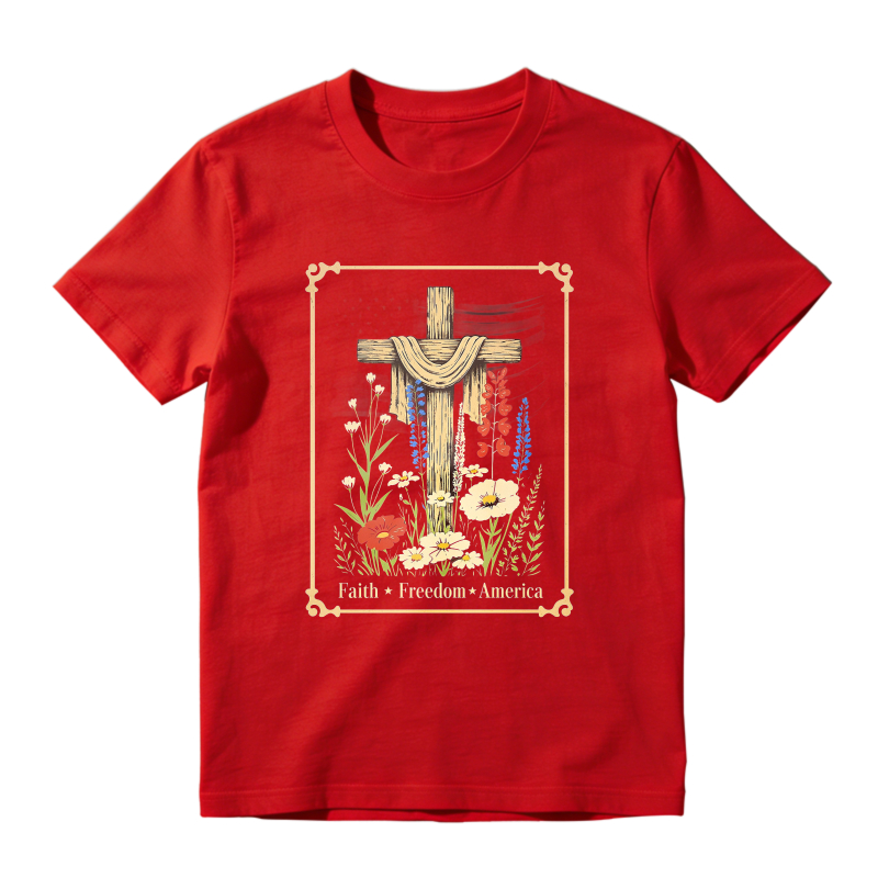 Cross With Flowers And Text Faith Freedom America T-shirt