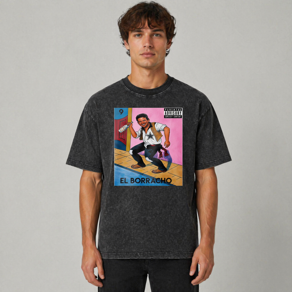 El Borracho Mexican Loteria Card Washed T-shirt
