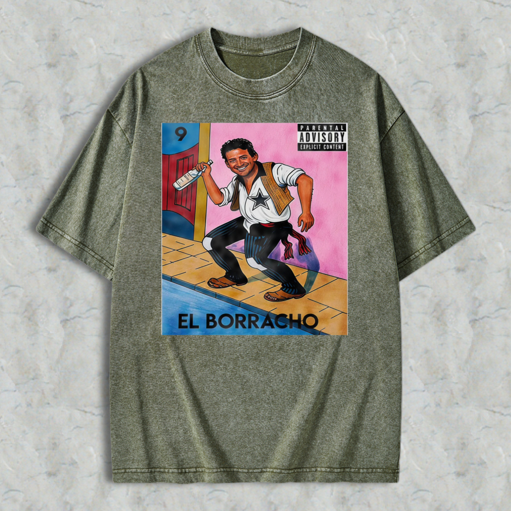 El Borracho Mexican Loteria Card Washed T-shirt