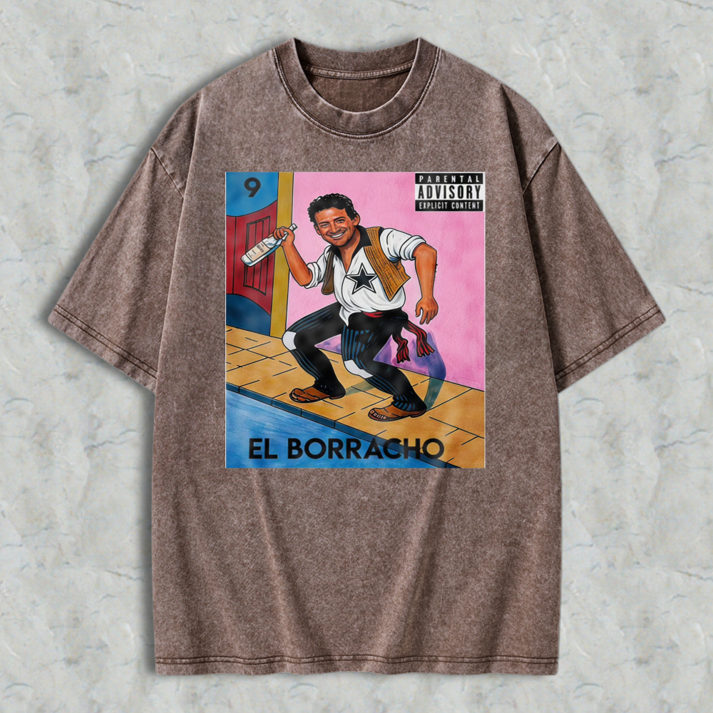 El Borracho Mexican Loteria Card Washed T-shirt