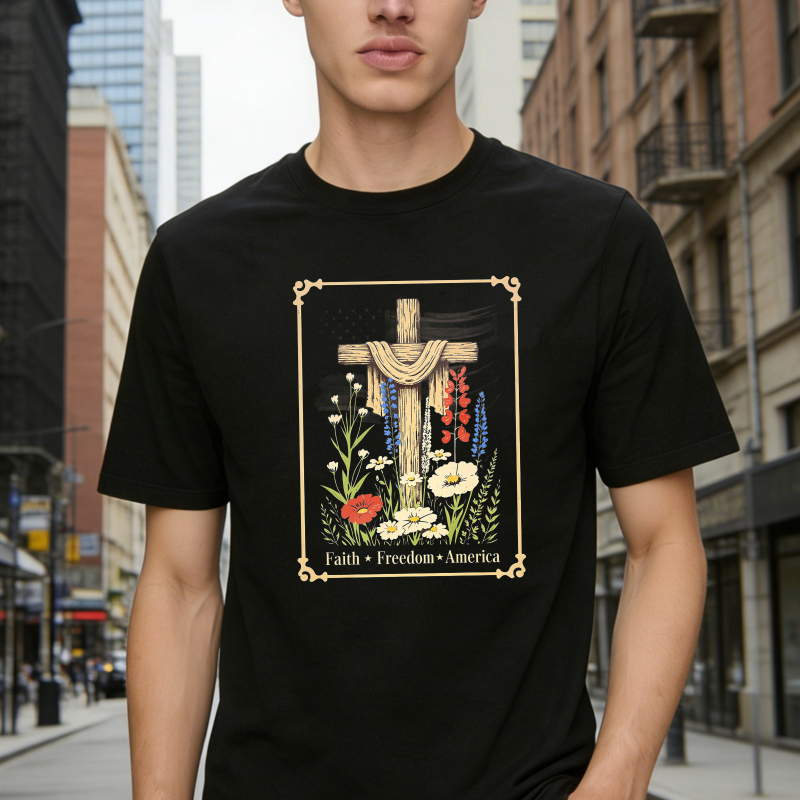Cross With Flowers And Text Faith Freedom America T-shirt