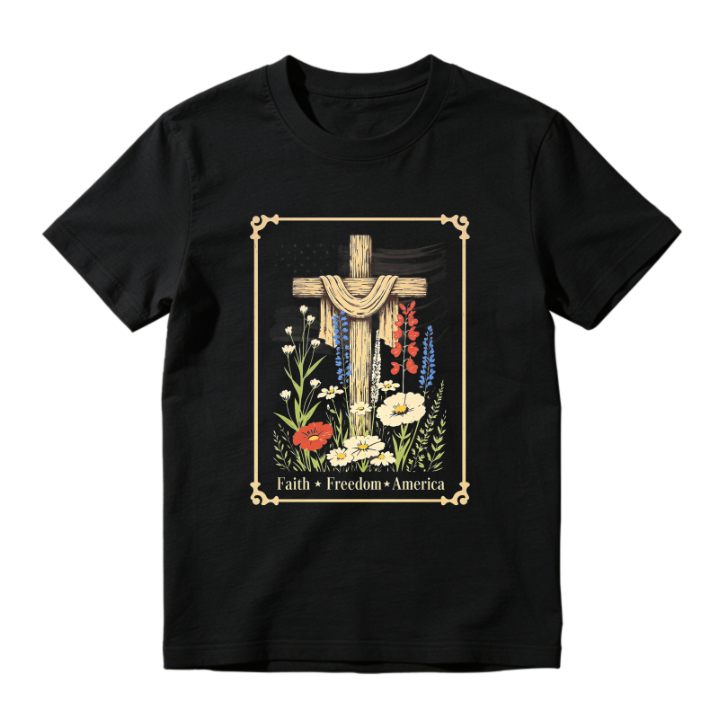 Cross With Flowers And Text Faith Freedom America T-shirt