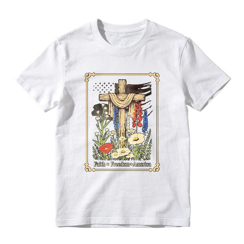Cross With Flowers And Text Faith Freedom America T-shirt