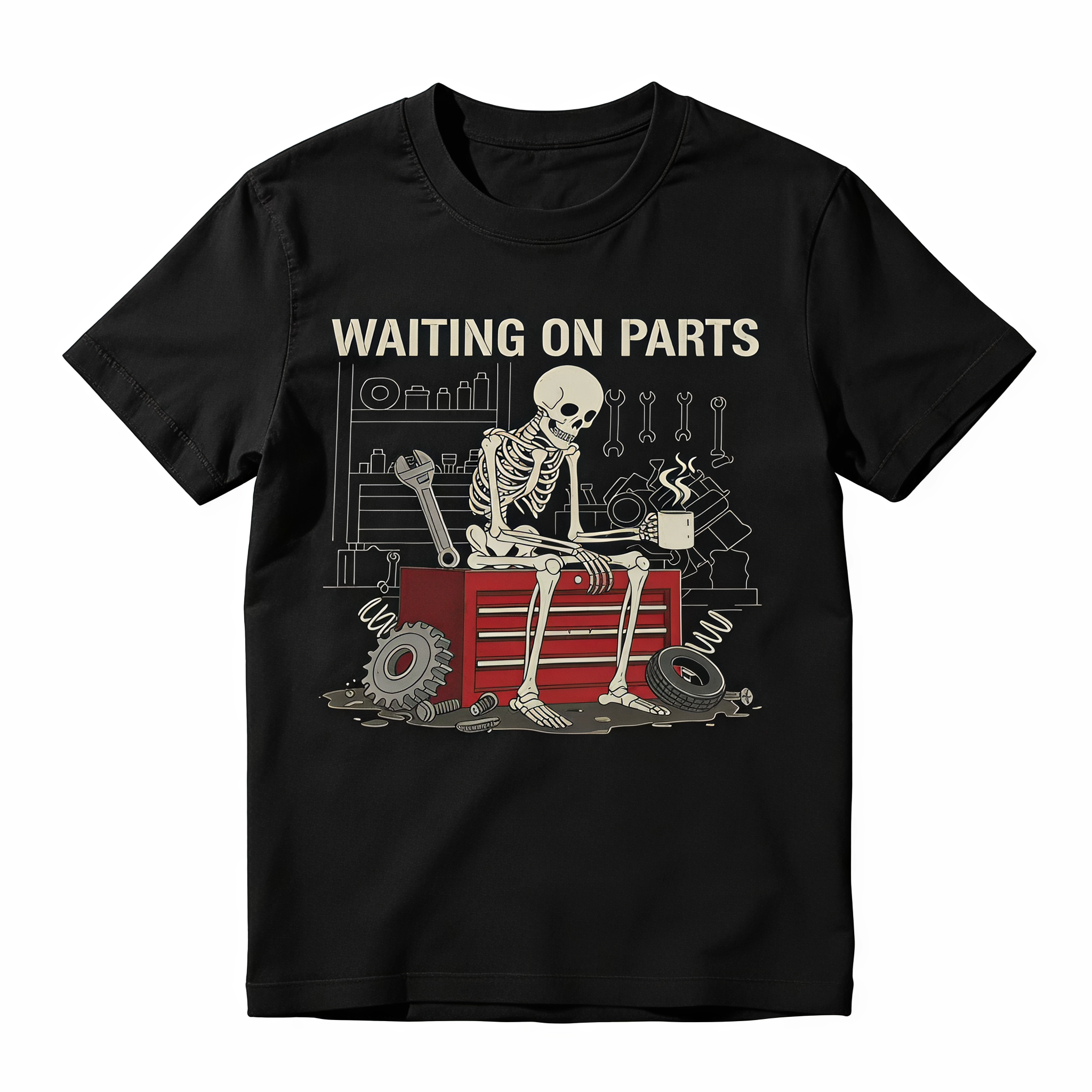 Waiting On Parts Funny Skeleton Auto Mechanic Graphic T-Shirt | Vintage Garage Unisex Tee