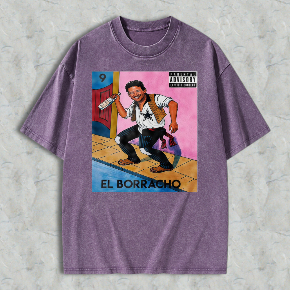 El Borracho Mexican Loteria Card Washed T-shirt