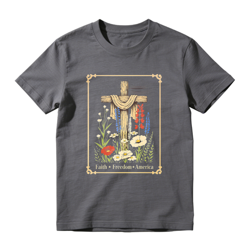 Cross With Flowers And Text Faith Freedom America T-shirt