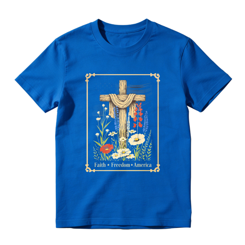 Cross With Flowers And Text Faith Freedom America T-shirt