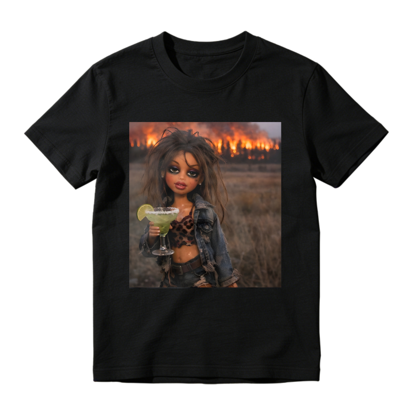 Girl Holding Cocktail With Fire Background T-shirt