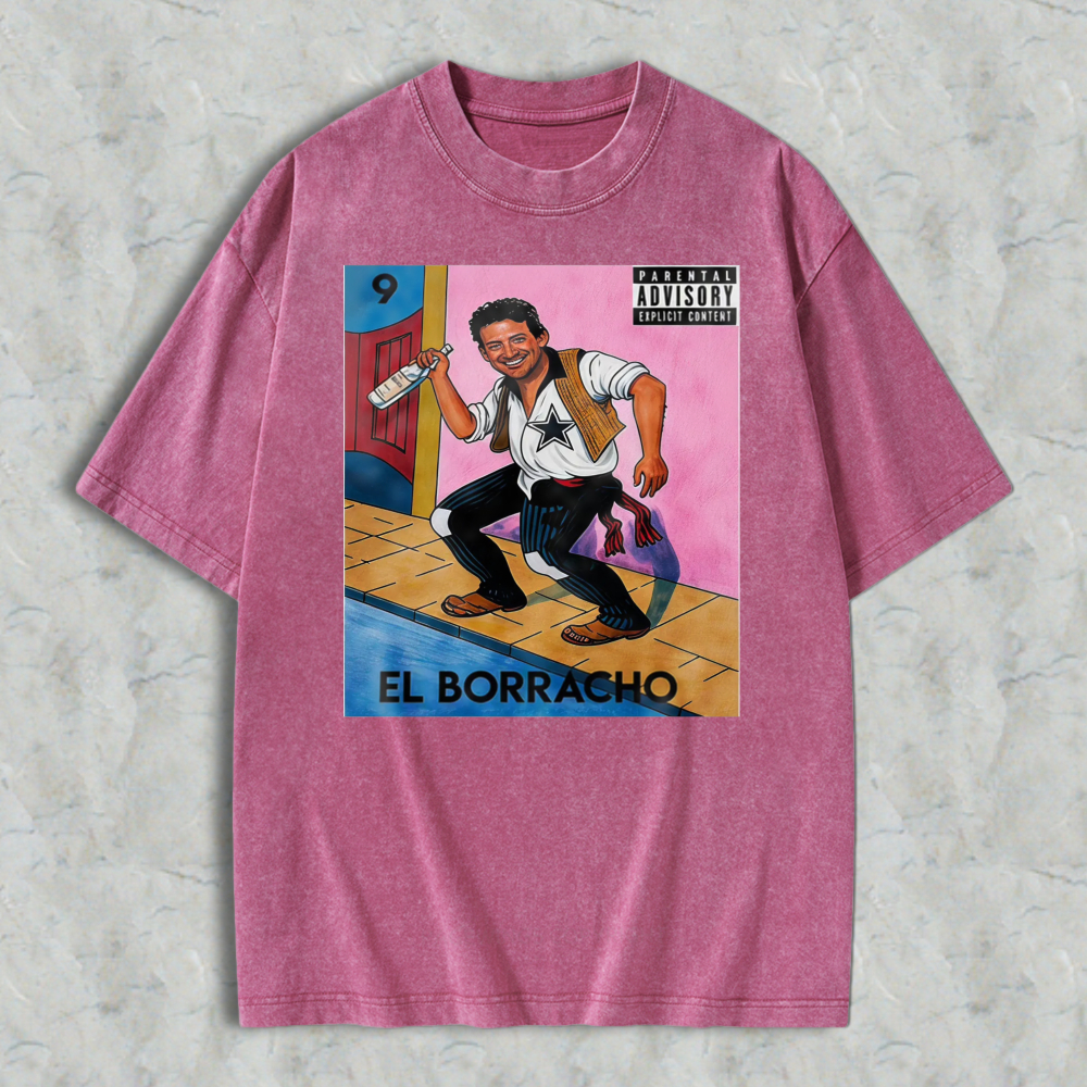 El Borracho Mexican Loteria Card Washed T-shirt