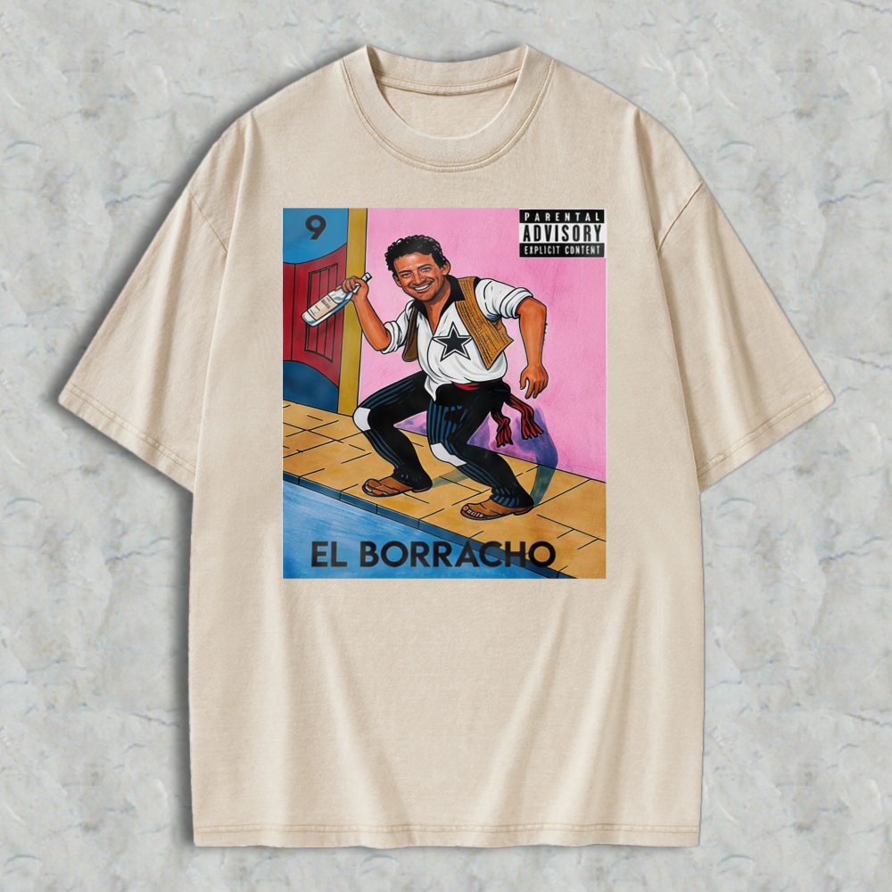 El Borracho Mexican Loteria Card Washed T-shirt